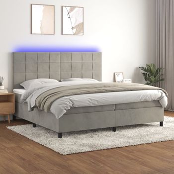 Cama Doble | Cama Box Spring | Cama Para Adultos Colchón Y Led Terciopelo Gris Claro 200x200 Cm Cfw472476