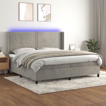 Cama Doble | Cama Box Spring | Cama Para Adultos Colchón Y Led Terciopelo Gris Claro 200x200 Cm Cfw599313