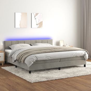 Cama Doble | Cama Box Spring | Cama Para Adultos Colchón Y Led Terciopelo Gris Claro 200x200 Cm Cfw771516