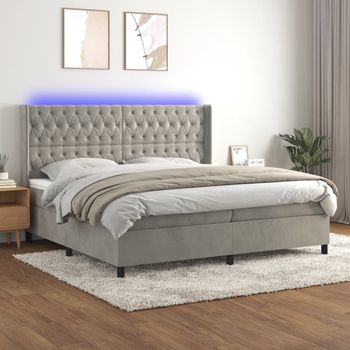 Cama Doble | Cama Box Spring | Cama Para Adultos Colchón Y Led Terciopelo Gris Claro 200x200 Cm Cfw242373