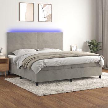 Cama Doble | Cama Box Spring | Cama Para Adultos Colchón Y Led Terciopelo Gris Claro 200x200 Cm Cfw670184