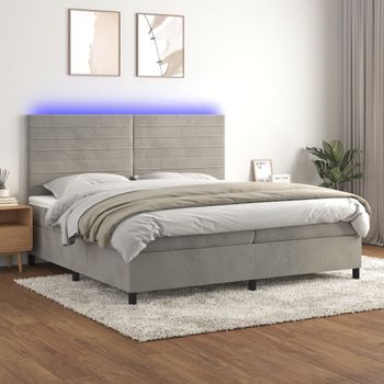 Cama Doble | Cama Box Spring | Cama Para Adultos Colchón Y Led Terciopelo Gris Claro 200x200 Cm Cfw311494