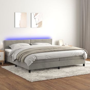 Cama Doble | Cama Box Spring | Cama Para Adultos Colchón Y Led Terciopelo Gris Claro 200x200 Cm Cfw312915