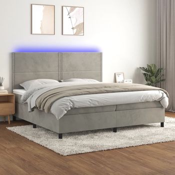 Cama Doble | Cama Box Spring | Cama Para Adultos Colchón Y Led Terciopelo Gris Claro 200x200 Cm Cfw151444