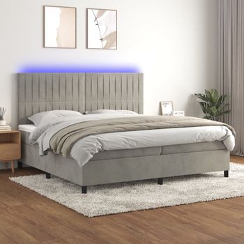 Cama Doble | Cama Box Spring | Cama Para Adultos Colchón Y Led Terciopelo Gris Claro 200x200 Cm Cfw413155