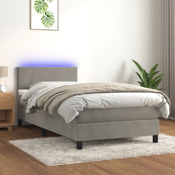 Cama Individual | Cama Para Adultos | Cama Box Spring Colchón Y Led Terciopelo Gris Claro 90x190 Cm Cfw339719