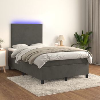 Cama Doble | Cama Box Spring | Cama Para Adultos Colchón Y Led Terciopelo Gris Oscuro 120x200 Cm Cfw747936