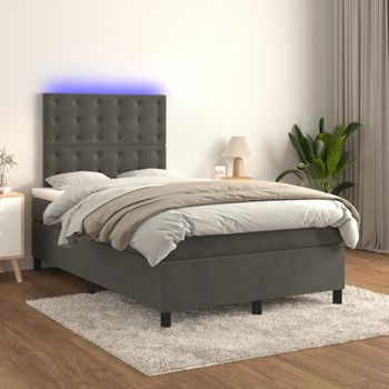 Cama Doble | Cama Box Spring | Cama Para Adultos Colchón Y Led Terciopelo Gris Oscuro 120x200 Cm Cfw541326