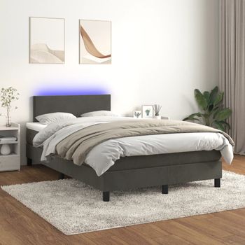 Cama Matrimonial | Cama Para Adultos | Cama Box Spring Colchón Y Led Terciopelo Gris Oscuro 120x200 Cm Cfw154191