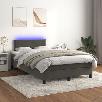 Cama Matrimonial | Cama Para Adultos | Cama Box Spring Colchón Y Led Terciopelo Gris Oscuro 120x200 Cm Cfw177263