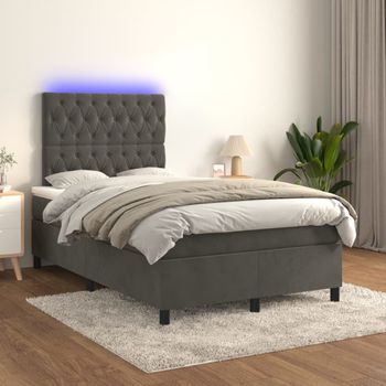 Cama Doble | Cama Box Spring | Cama Para Adultos Colchón Y Led Terciopelo Gris Oscuro 120x200 Cm Cfw912928