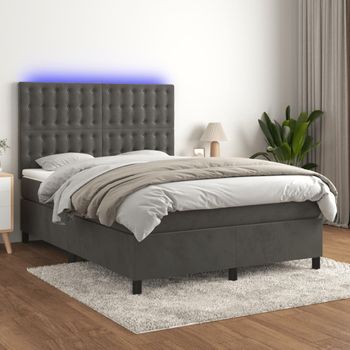 Cama Matrimonial | Cama Para Adultos | Cama Box Spring Colchón Y Led Terciopelo Gris Oscuro 140x190 Cm Cfw221204