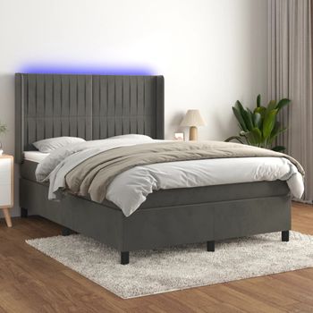 Cama Matrimonial | Cama Para Adultos | Cama Box Spring Colchón Y Led Terciopelo Gris Oscuro 140x200 Cm Cfw940250