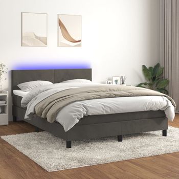 Cama Matrimonial | Cama Para Adultos | Cama Box Spring Colchón Y Led Terciopelo Gris Oscuro 140x200 Cm Cfw611636