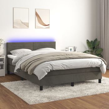 Cama Doble | Cama Box Spring | Cama Para Adultos Colchón Y Led Terciopelo Gris Oscuro 140x200 Cm Cfw411286