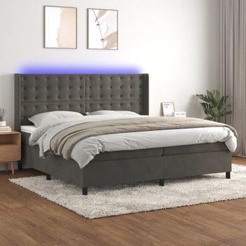 Cama Doble | Cama Box Spring | Cama Para Adultos Colchón Y Led Terciopelo Gris Oscuro 200x200 Cm Cfw106023