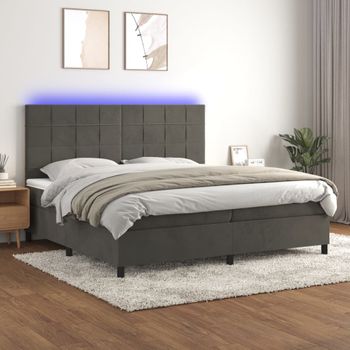 Cama Doble | Cama Box Spring | Cama Para Adultos Colchón Y Led Terciopelo Gris Oscuro 200x200 Cm Cfw222989