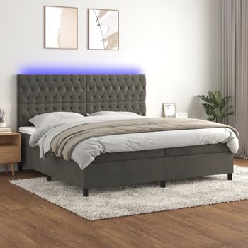 Cama Doble | Cama Box Spring | Cama Para Adultos Colchón Y Led Terciopelo Gris Oscuro 200x200 Cm Cfw514268