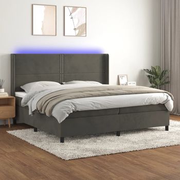 Cama Doble | Cama Box Spring | Cama Para Adultos Colchón Y Led Terciopelo Gris Oscuro 200x200 Cm Cfw515874