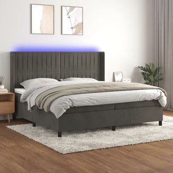 Cama Doble | Cama Box Spring | Cama Para Adultos Colchón Y Led Terciopelo Gris Oscuro 200x200 Cm Cfw598231