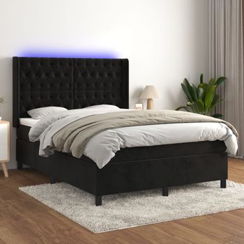 Cama Matrimonial | Cama Para Adultos | Cama Box Spring Colchón Y Led Terciopelo Negro 140x190 Cm Cfw134285