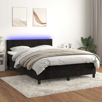 Cama Matrimonial | Cama Para Adultos | Cama Box Spring Colchón Y Led Terciopelo Negro 140x190 Cm Cfw849320