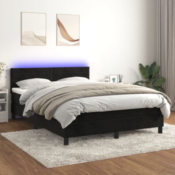 Cama Matrimonial | Cama Para Adultos | Cama Box Spring Colchón Y Led Terciopelo Negro 140x190 Cm Cfw981448