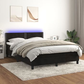 Cama Matrimonial | Cama Para Adultos | Cama Box Spring Colchón Y Led Terciopelo Negro 140x190 Cm Cfw284964