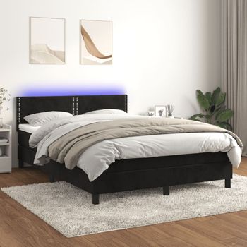 Cama Matrimonial | Cama Para Adultos | Cama Box Spring Colchón Y Led Terciopelo Negro 140x200 Cm Cfw910208