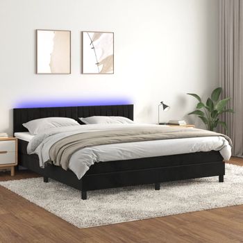 Cama Doble | Cama Box Spring | Cama Para Adultos Colchón Y Led Terciopelo Negro 180x200 Cm Cfw677568