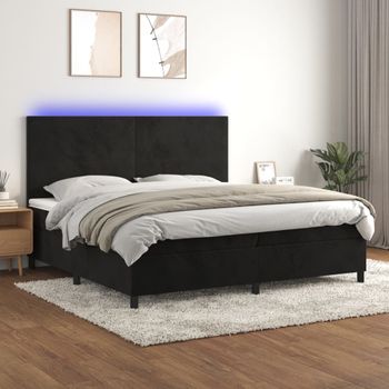 Cama Doble | Cama Box Spring | Cama Para Adultos Colchón Y Led Terciopelo Negro 200x200 Cm Cfw711604