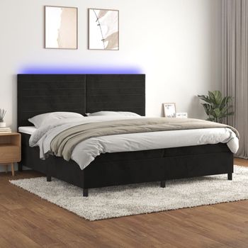 Cama Doble | Cama Box Spring | Cama Para Adultos Colchón Y Led Terciopelo Negro 200x200 Cm Cfw546068