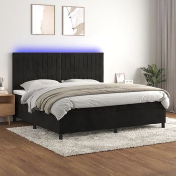 Cama Doble | Cama Box Spring | Cama Para Adultos Colchón Y Led Terciopelo Negro 200x200 Cm Cfw450116