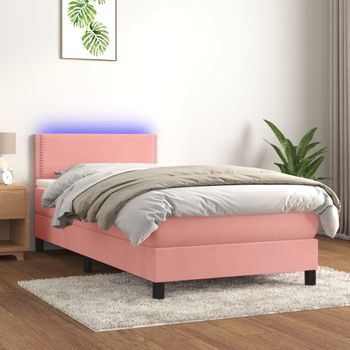 Cama Individual | Cama Para Adultos | Cama Box Spring Colchón Y Led Terciopelo Rosa 100x200 Cm Cfw452604