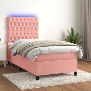 Cama Individual | Cama Box Spring | Cama Para Adultos Colchón Y Led Terciopelo Rosa 100x200 Cm Cfw670009