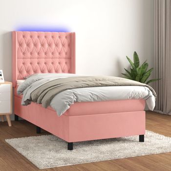 Cama Individual | Cama Box Spring | Cama Para Adultos Colchón Y Led Terciopelo Rosa 100x200 Cm Cfw295083