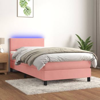 Cama Para Adulto | Cama Individual | Cama Box Spring Colchón Y Led Terciopelo Rosa 100x200 Cm Cfw919197