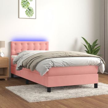 Cama Individual | Cama Box Spring | Cama Para Adultos Colchón Y Led Terciopelo Rosa 100x200 Cm Cfw747400