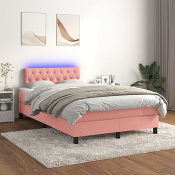 Cama Matrimonial | Cama Para Adultos | Cama Box Spring Colchón Y Led Terciopelo Rosa 120x200 Cm Cfw340850