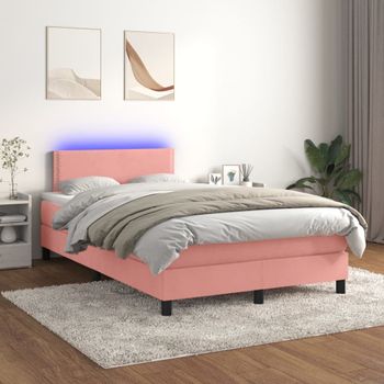 Cama Para Adultos | Cama Box Spring Colchón Y Led Terciopelo Rosa 120x200 Cm Cfw372681