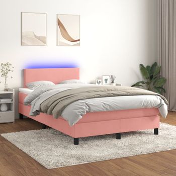 Cama Matrimonial | Cama Para Adultos | Cama Box Spring Colchón Y Led Terciopelo Rosa 120x200 Cm Cfw508949