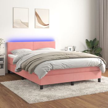 Cama Matrimonial | Cama Para Adultos | Cama Box Spring Colchón Y Led Terciopelo Rosa 140x190 Cm Cfw569269