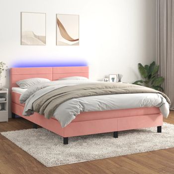 Cama Doble | Cama Box Spring | Cama Para Adultos Colchón Y Led Terciopelo Rosa 140x190 Cm Cfw202635