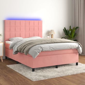 Cama Matrimonial | Cama Para Adultos | Cama Box Spring Colchón Y Led Terciopelo Rosa 140x190 Cm Cfw722957