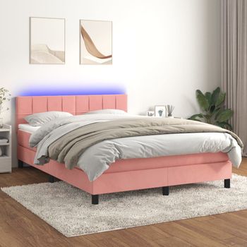 Cama Matrimonial | Cama Para Adultos | Cama Box Spring Colchón Y Led Terciopelo Rosa 140x190 Cm Cfw993668