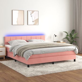 Cama Doble | Cama Box Spring | Cama Para Adultos Colchón Y Led Terciopelo Rosa 160x200 Cm Cfw762545