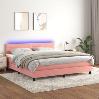 Cama Doble | Cama Box Spring | Cama Para Adultos Colchón Y Led Terciopelo Rosa 180x200 Cm Cfw853588