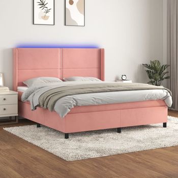 Cama Doble | Cama Box Spring | Cama Para Adultos Colchón Y Led Terciopelo Rosa 180x200 Cm Cfw911924