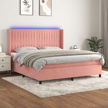 Cama Doble | Cama Box Spring | Cama Para Adultos Colchón Y Led Terciopelo Rosa 180x200 Cm Cfw308806