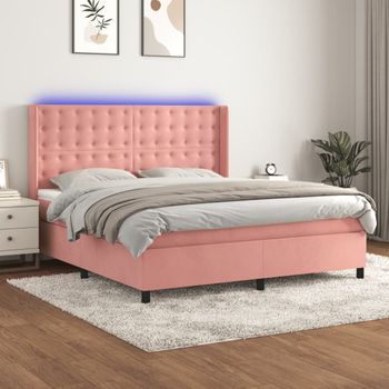 Cama Matrimonial | Cama Para Adultos | Cama Box Spring Colchón Y Led Terciopelo Rosa 180x200 Cm Cfw975169